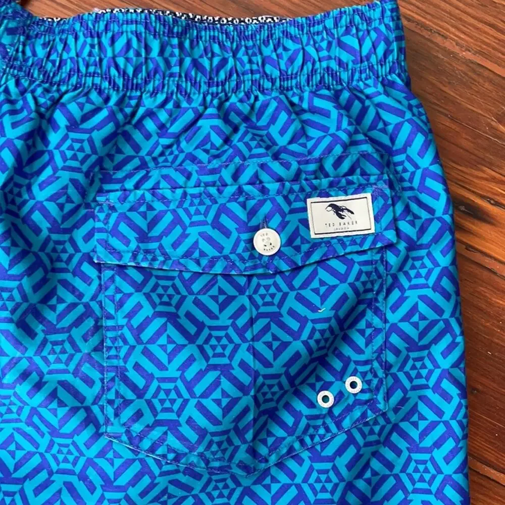 Ted Baker lined geometric print pull on drawstring waist swim trunks sz 7